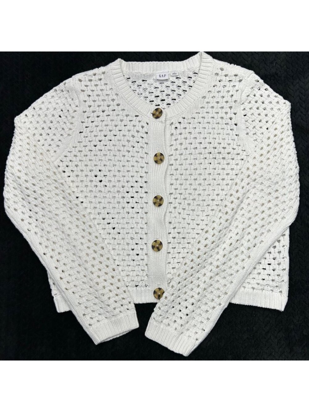 Open-Knit Cardigan Sweater By Gap Large Button-Front Long-Sleeve White Cotton